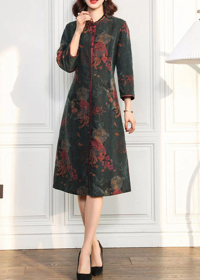 Elegant Green O Neck Side Open Print Silk Dress Bracelet Sleeve - Image 3