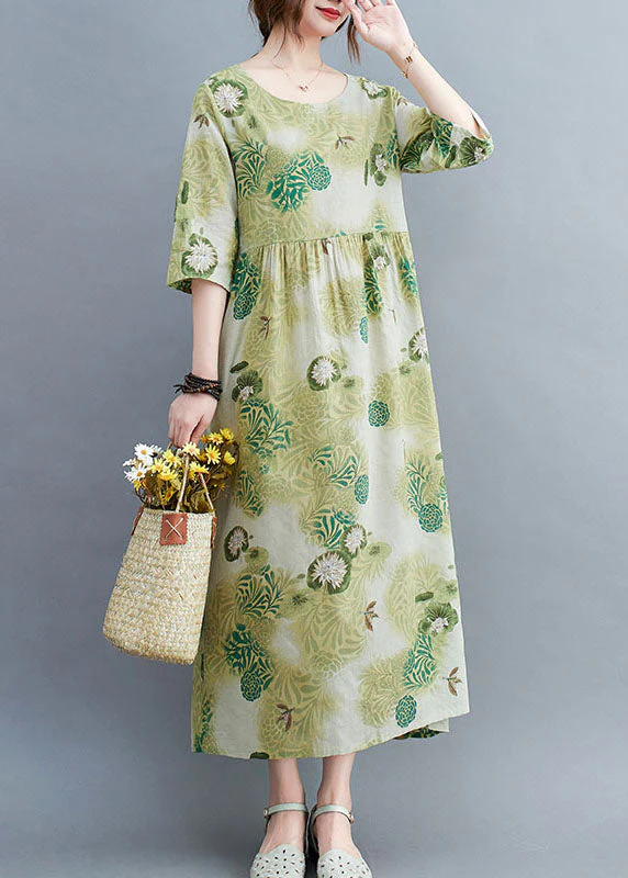 Elegant Green O-Neck Wrinkled Print Cotton Long Dress Half Sleeve - Image 3