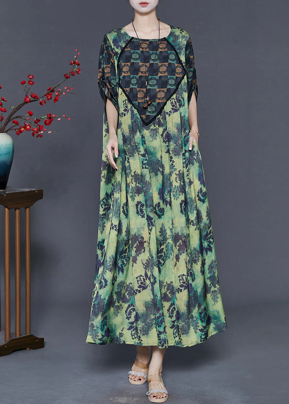 Elegant Green Oversized Print Silk Dresses Spring - Image 2