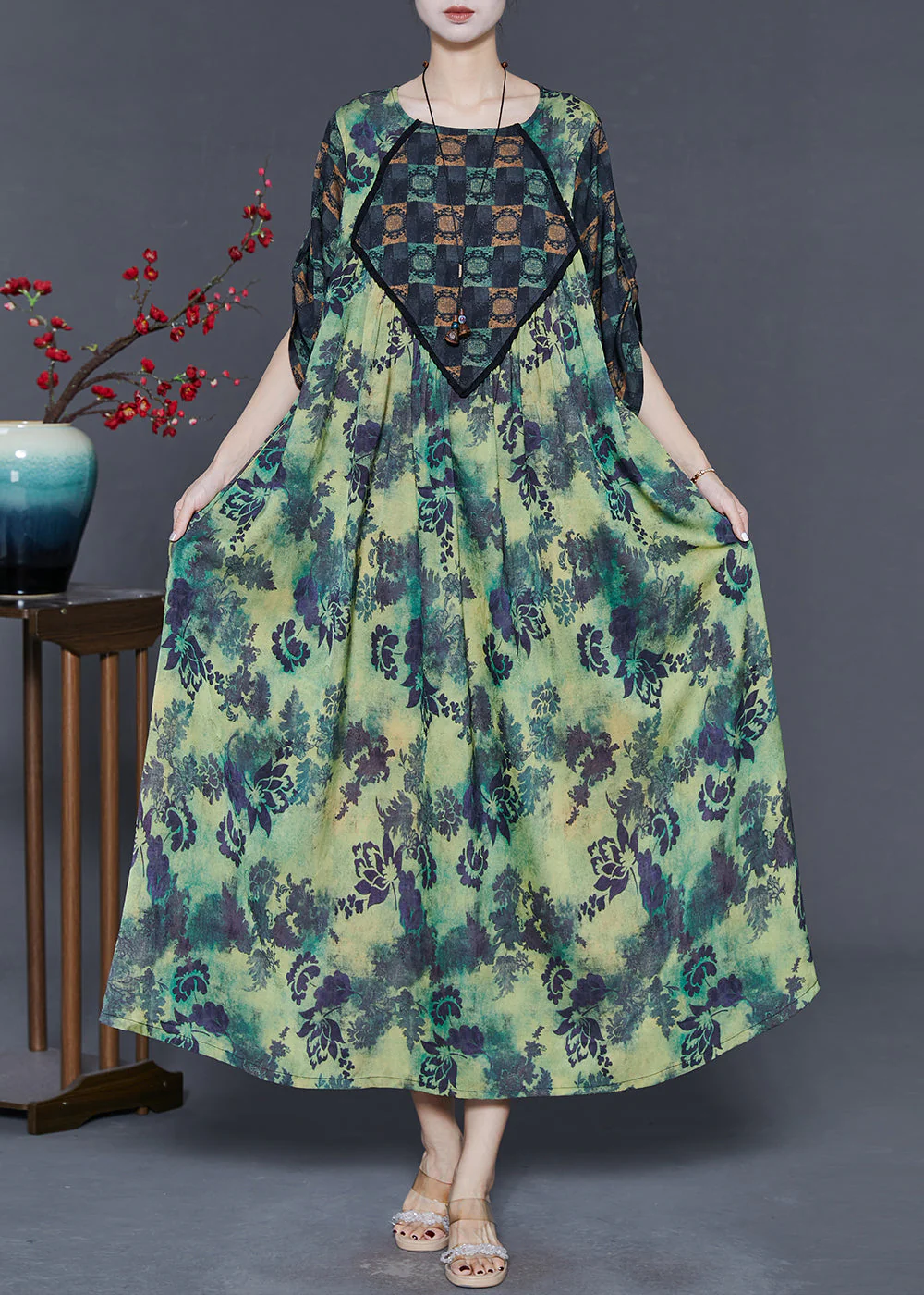 Elegant Green Oversized Print Silk Dresses Spring - Image 3
