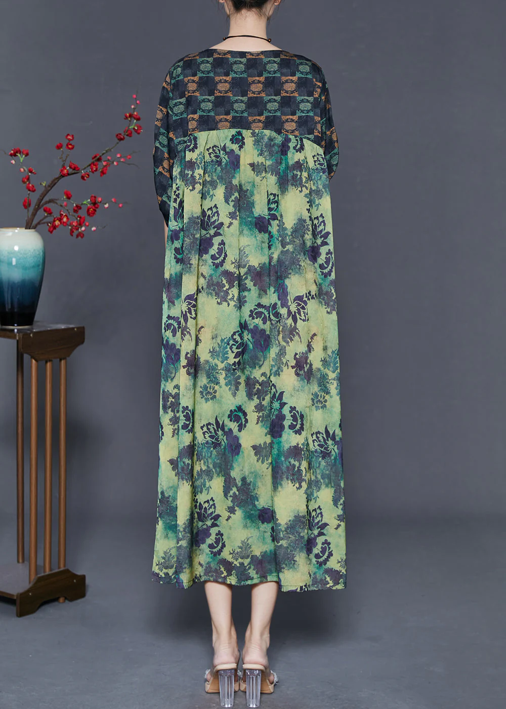 Elegant Green Oversized Print Silk Dresses Spring - Image 4