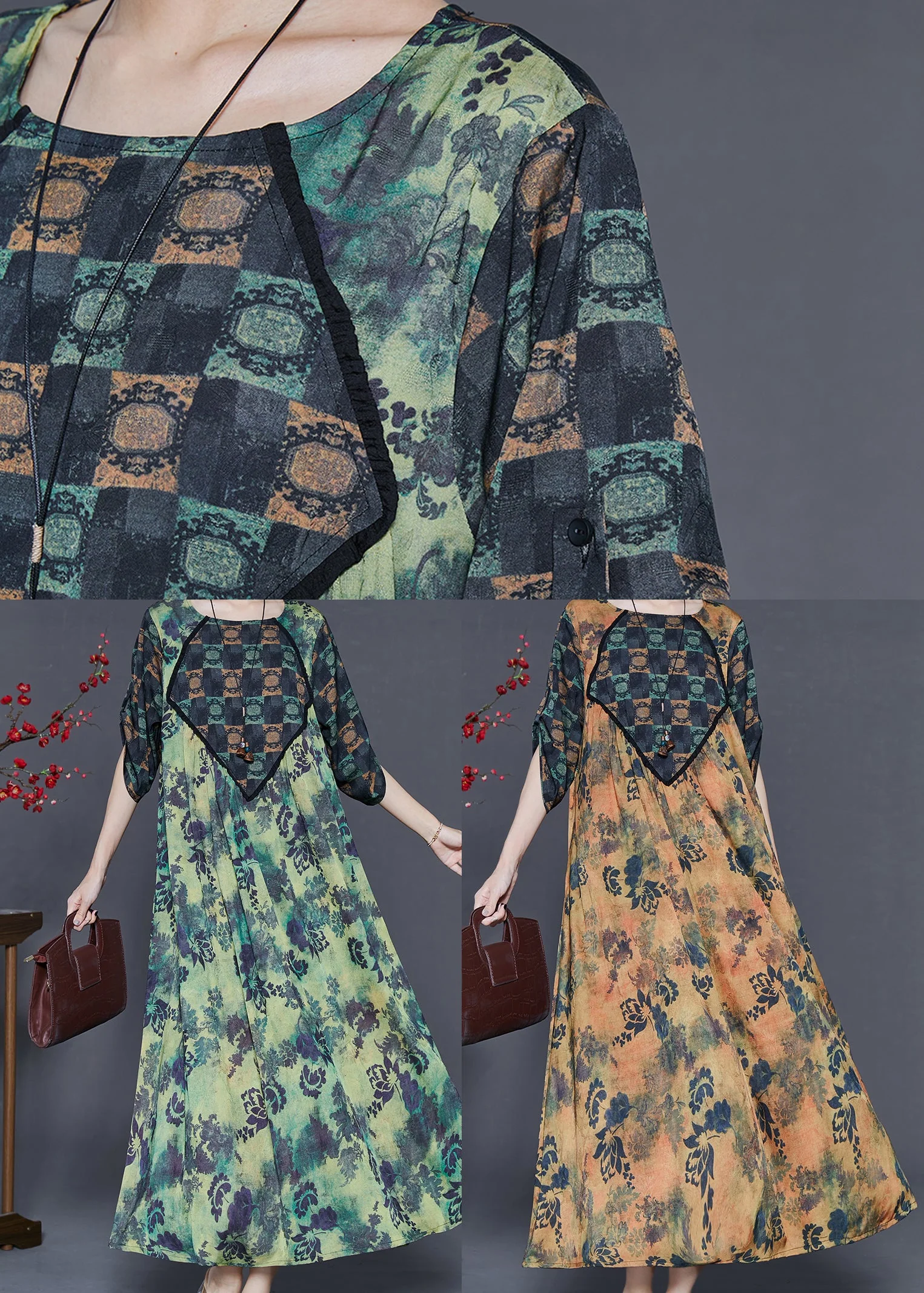 Elegant Green Oversized Print Silk Dresses Spring - Image 5