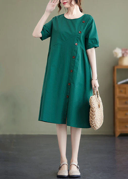 Elegant Green Patchwork Wrinkled Button Cotton Vacation Dresses Summer - Image 2