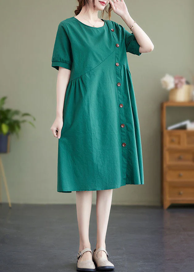Elegant Green Patchwork Wrinkled Button Cotton Vacation Dresses Summer - Image 3