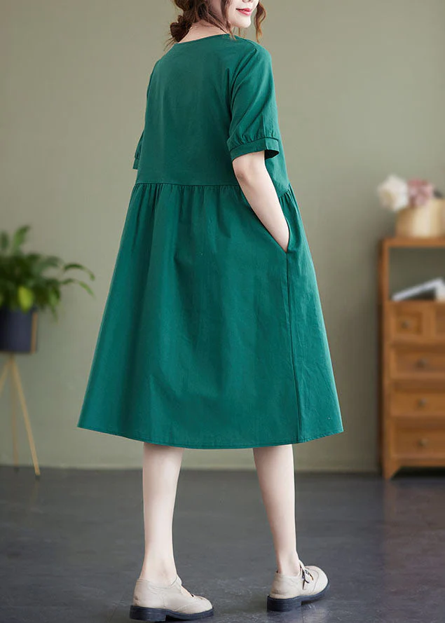 Elegant Green Patchwork Wrinkled Button Cotton Vacation Dresses Summer - Image 4