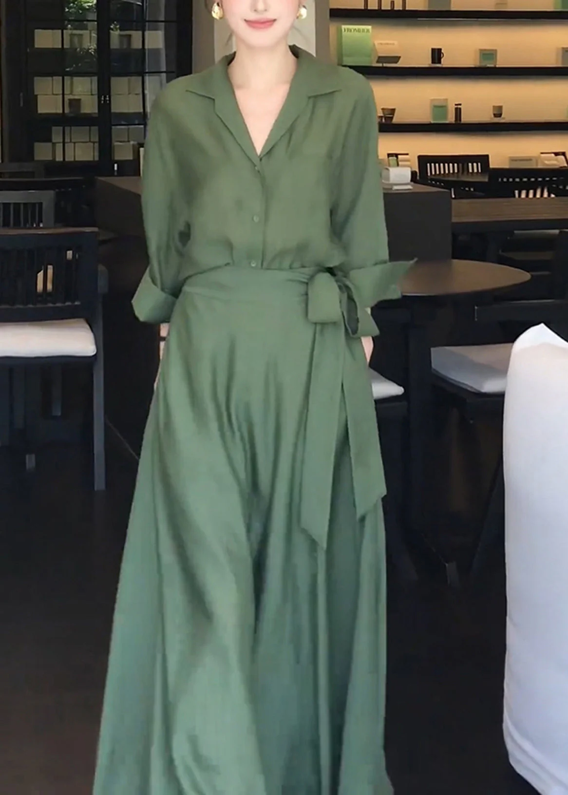 Elegant Green Peter Pan Collar Shirts And Skirts Cotton Two Pieces Set Spring - Image 2