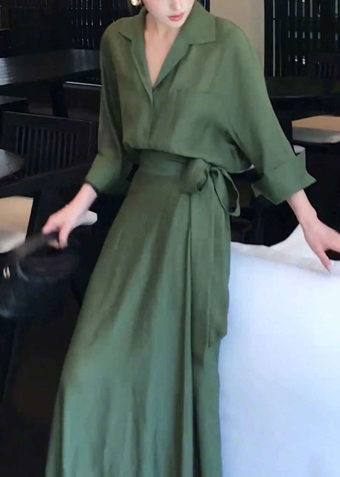 Elegant Green Peter Pan Collar Shirts And Skirts Cotton Two Pieces Set Spring - Image 3
