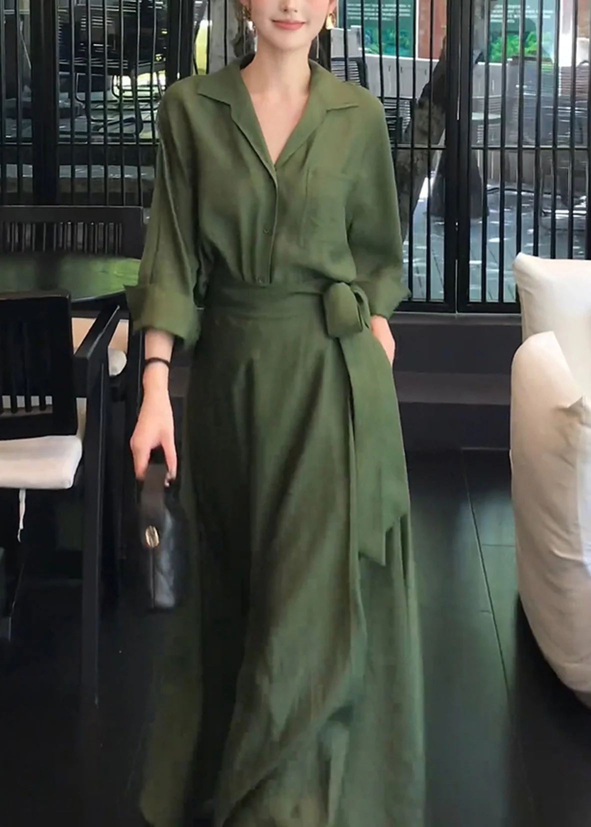 Elegant Green Peter Pan Collar Shirts And Skirts Cotton Two Pieces Set Spring - Image 4