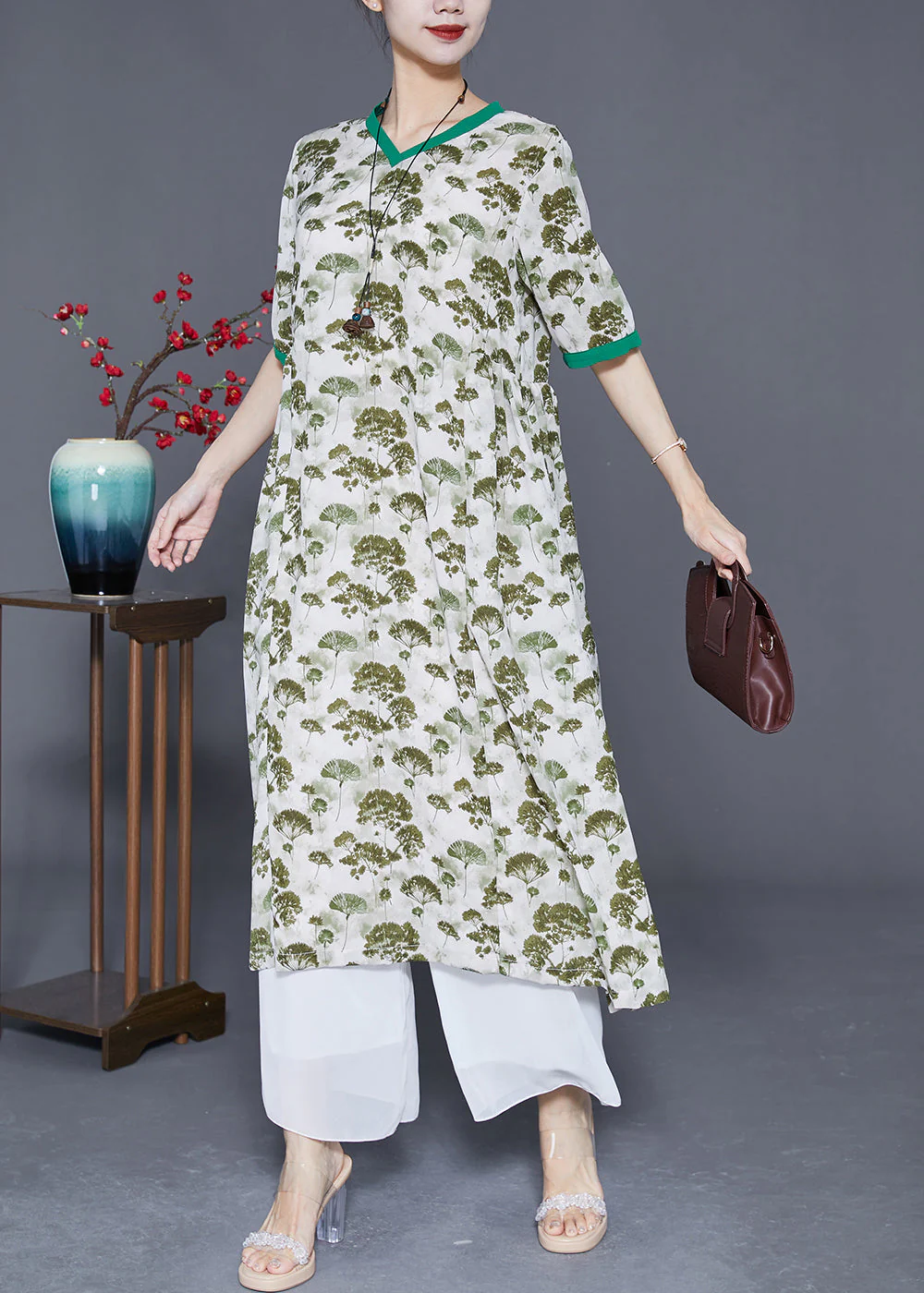 Elegant Green Print Exra Large Hem Linen Dresses Summer - Image 3