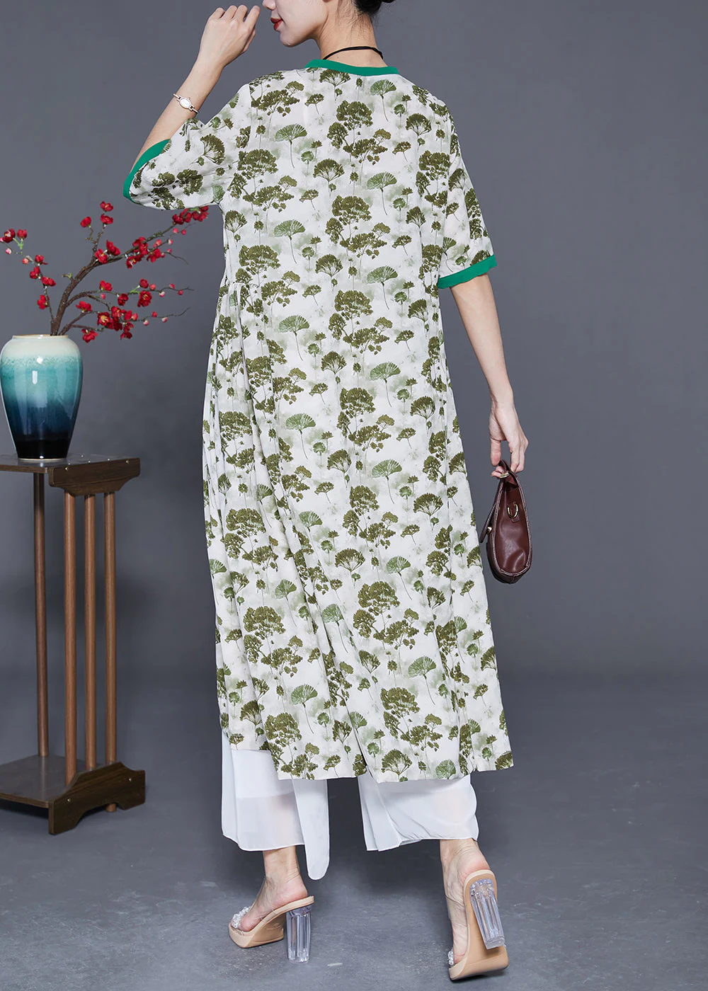 Elegant Green Print Exra Large Hem Linen Dresses Summer - Image 4