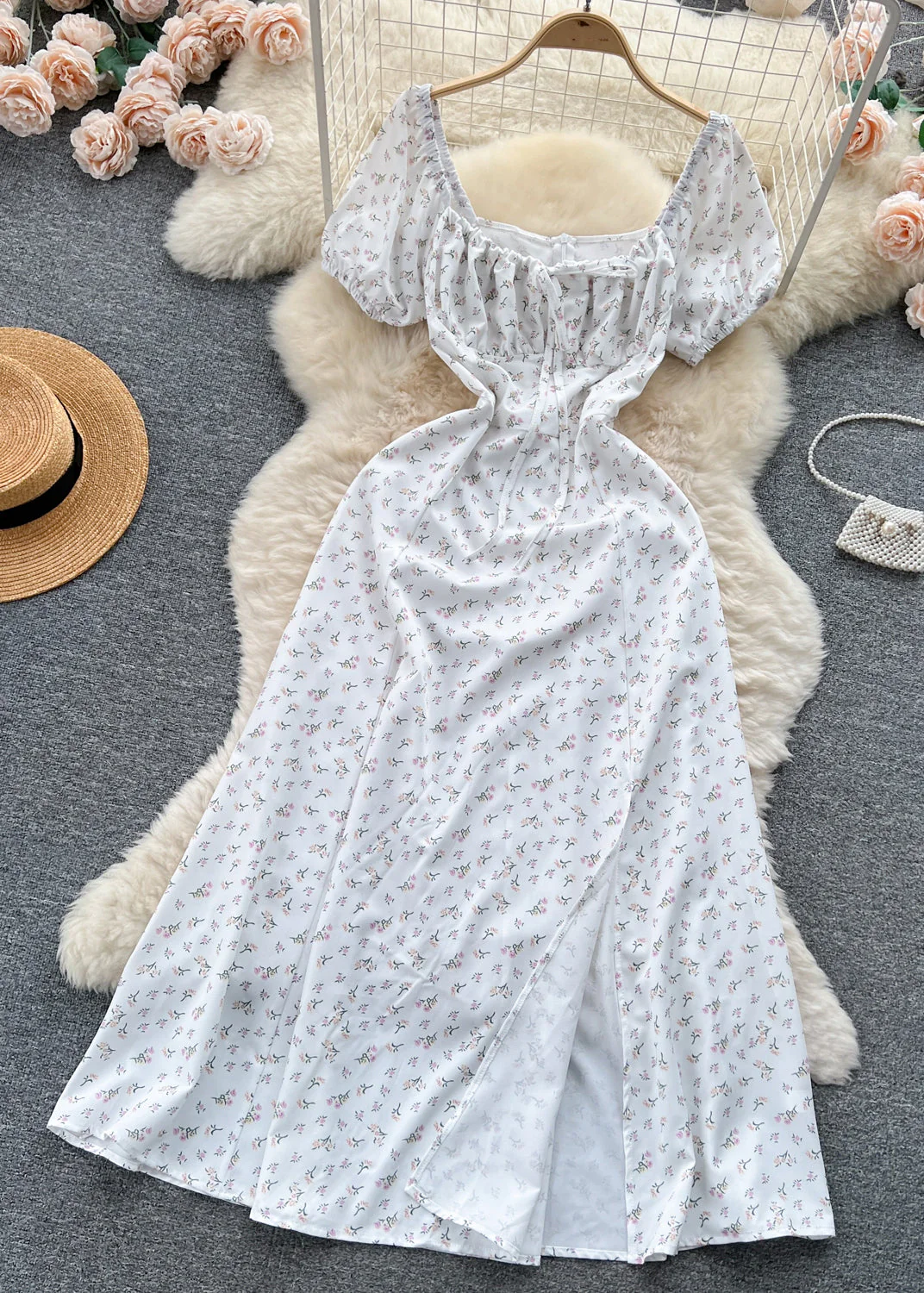 Elegant Green Print Lace Up Cotton Dresses Summer - Image 3