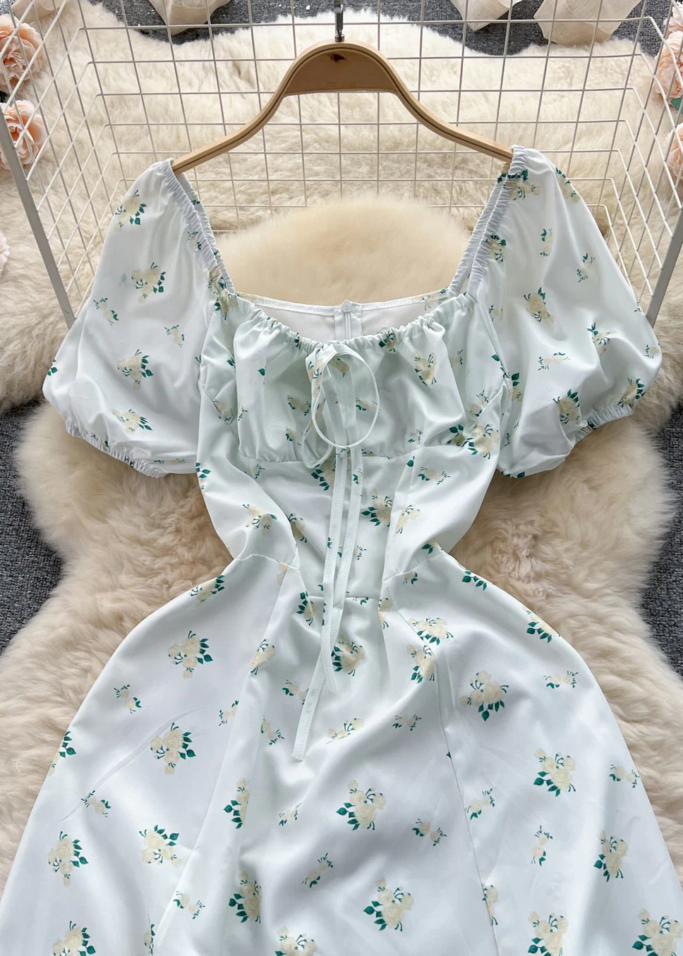 Elegant Green Print Lace Up Cotton Dresses Summer - Image 4