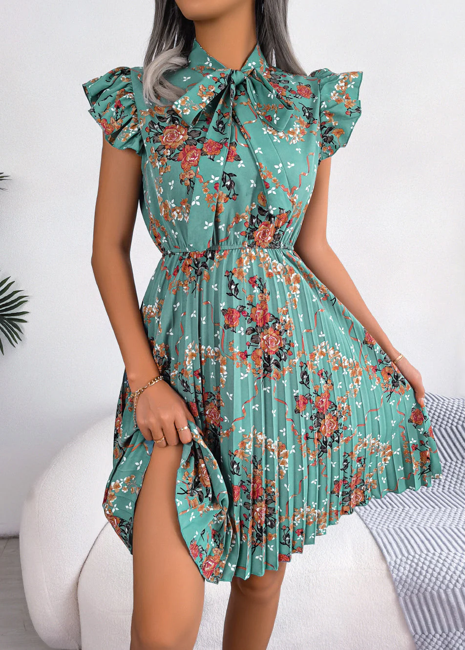 Elegant Green Print Lace Up Cotton Mid Dress Summer - Image 2