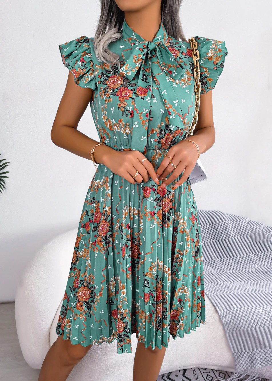 Elegant Green Print Lace Up Cotton Mid Dress Summer - Image 3