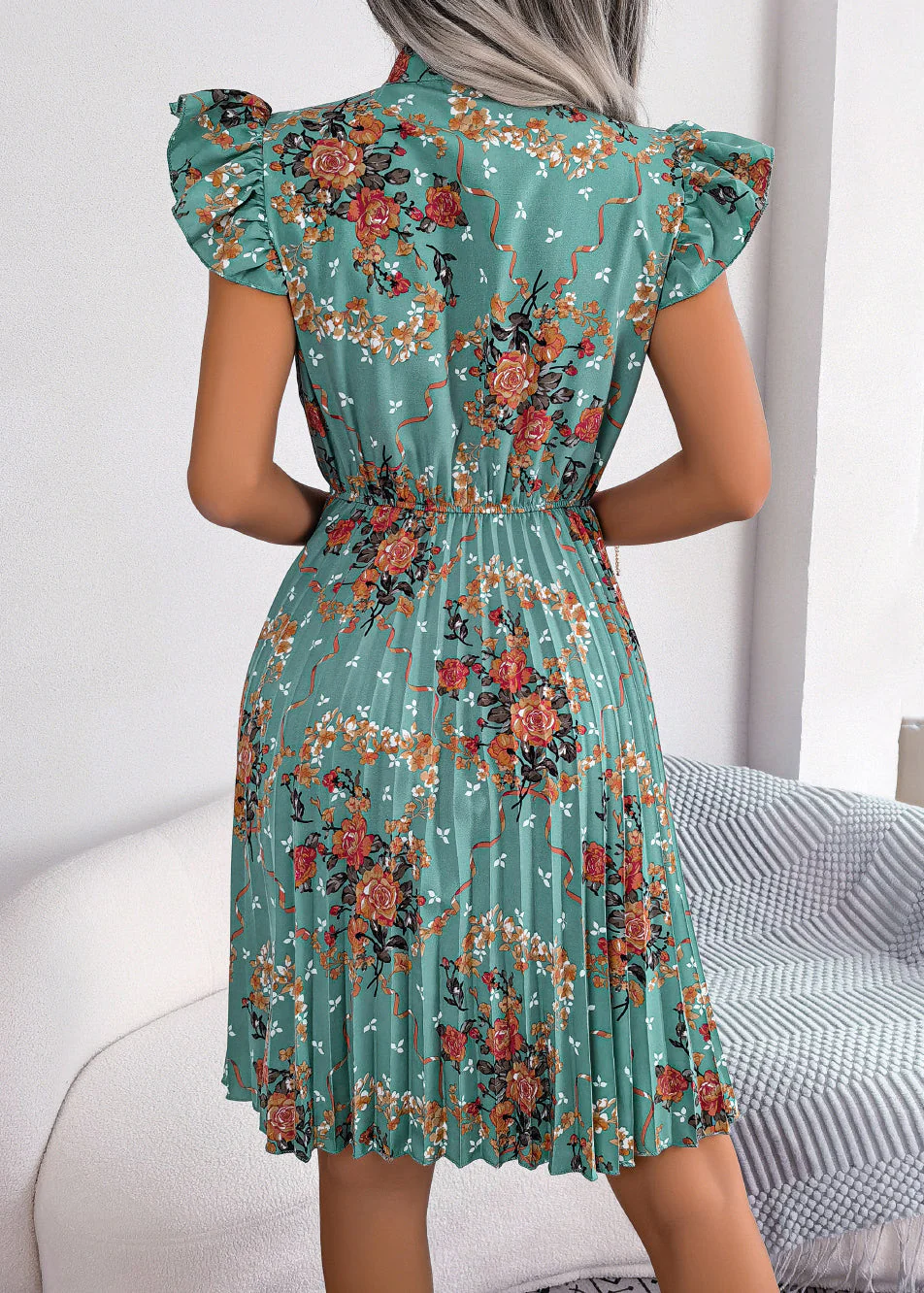 Elegant Green Print Lace Up Cotton Mid Dress Summer - Image 4