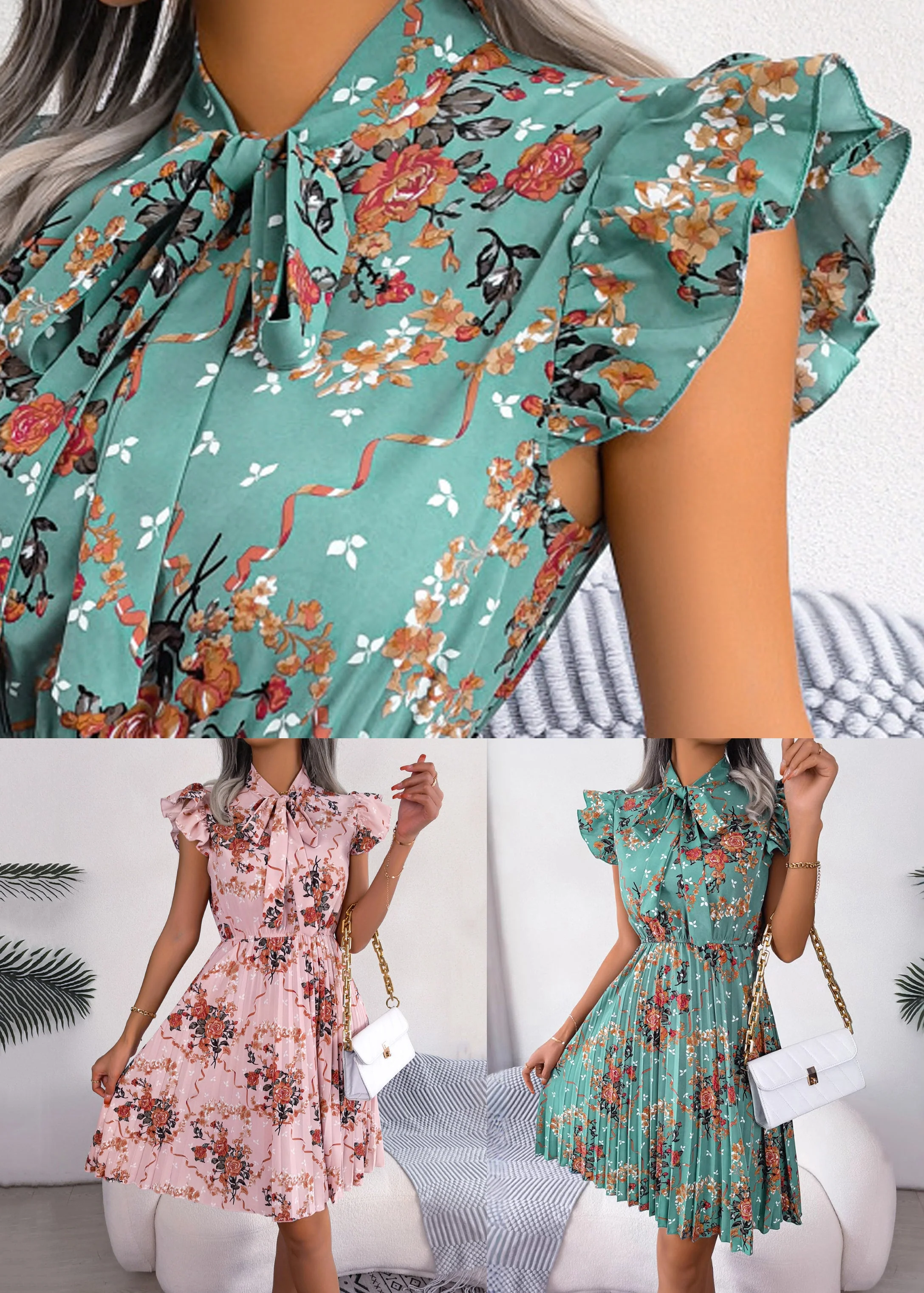 Elegant Green Print Lace Up Cotton Mid Dress Summer - Image 5
