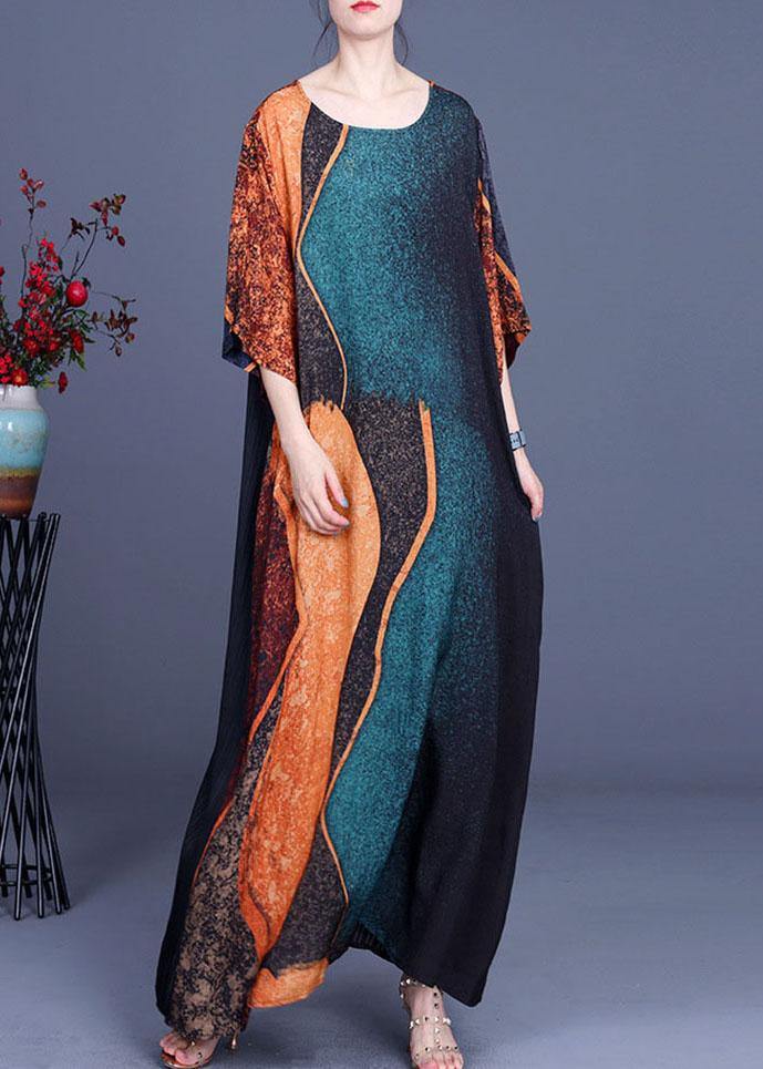 Elegant Green Print Patchwork Half Sleeve Silk Dress Summer