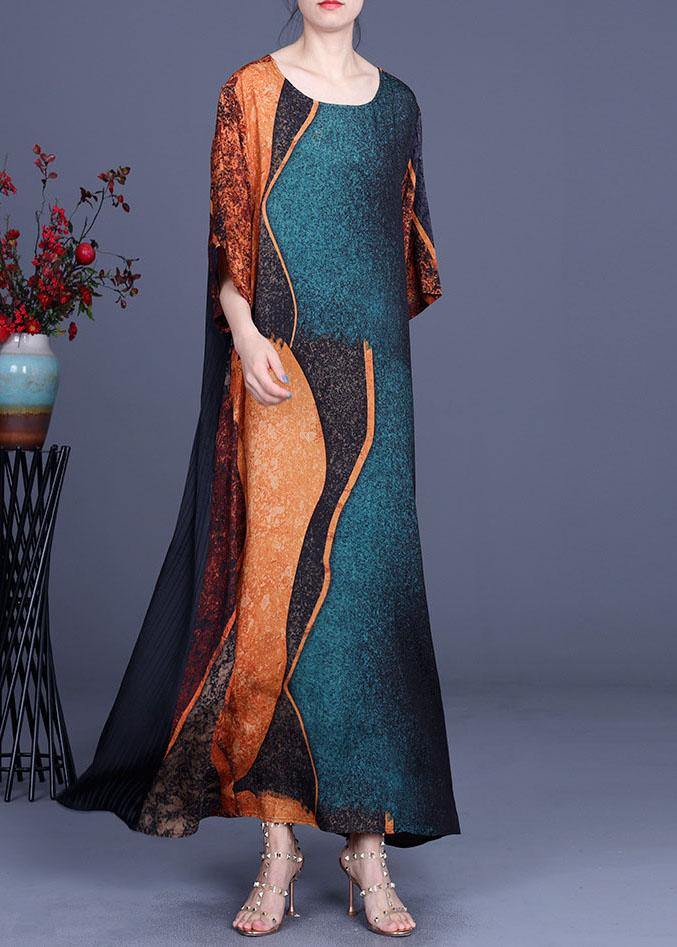 Elegant Green Print Patchwork Half Sleeve Silk Dress Summer - Image 2