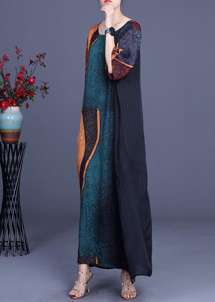 Elegant Green Print Patchwork Half Sleeve Silk Dress Summer - Image 3
