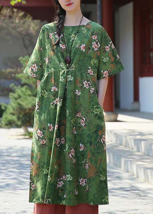 Elegant Green Print Pockets Patchwork Cotton Dresses Summer - Image 2