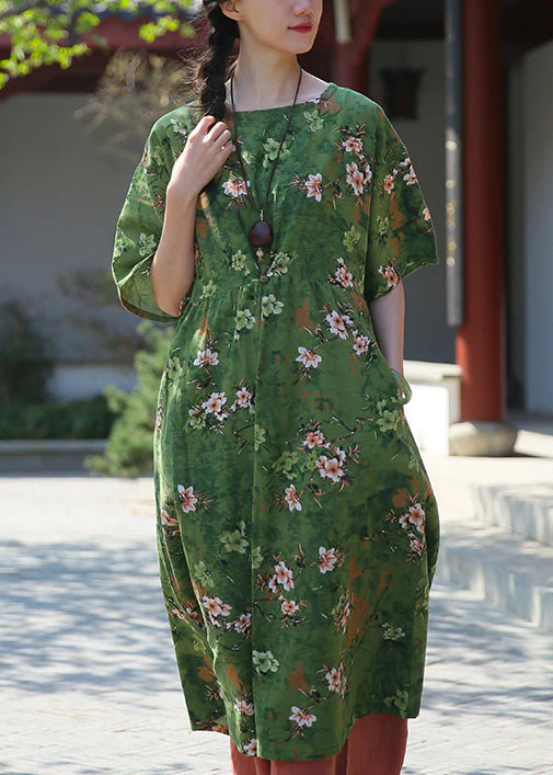 Elegant Green Print Pockets Patchwork Cotton Dresses Summer - Image 3