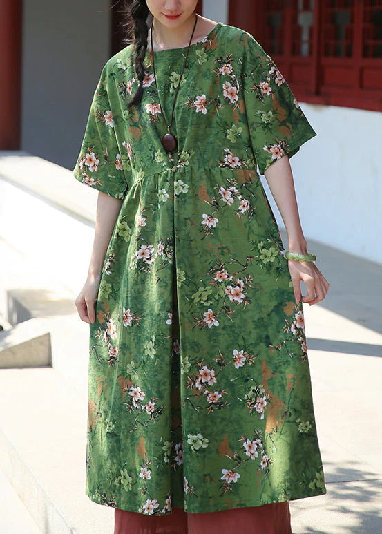Elegant Green Print Pockets Patchwork Cotton Dresses Summer - Image 4
