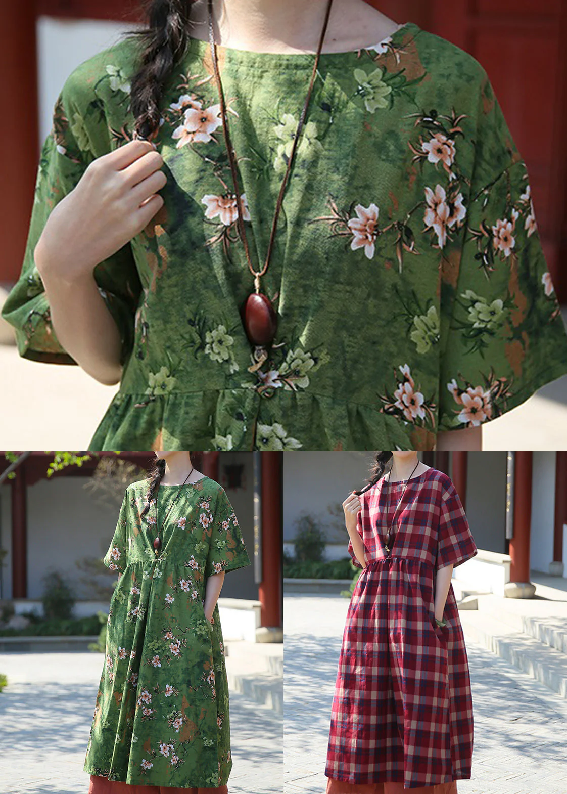 Elegant Green Print Pockets Patchwork Cotton Dresses Summer - Image 5