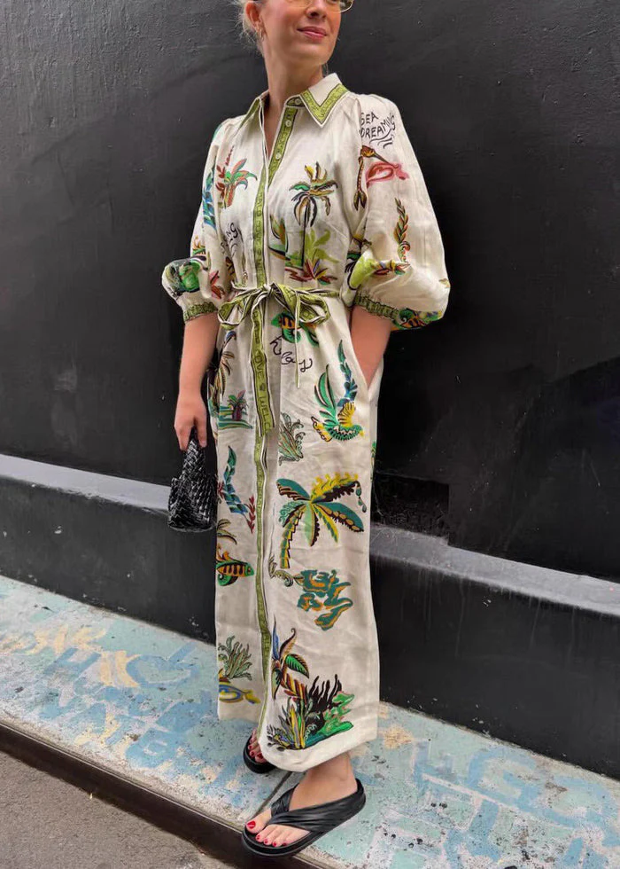 Elegant Green Print Pockets Tie Waist Linen Blouses Dresses Spring - Image 2