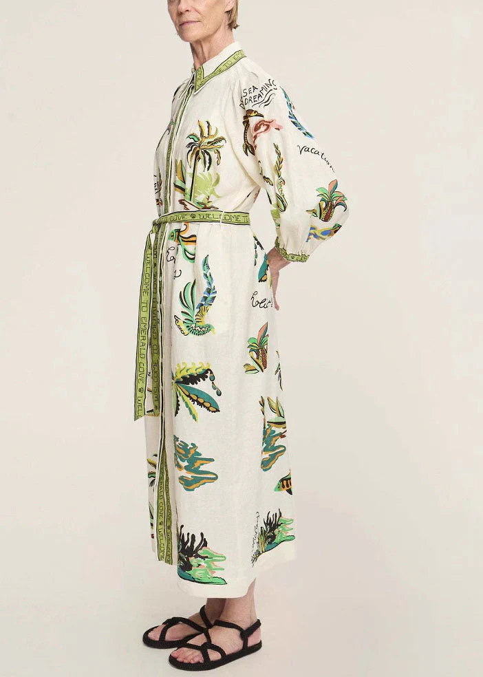 Elegant Green Print Pockets Tie Waist Linen Blouses Dresses Spring - Image 3