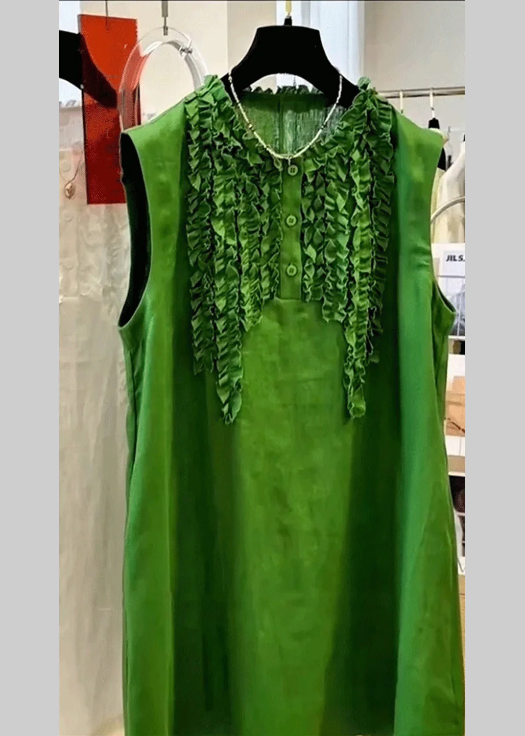 Elegant Green Ruffled Button Solid Cotton Mid Dress Sleeveless - Image 2