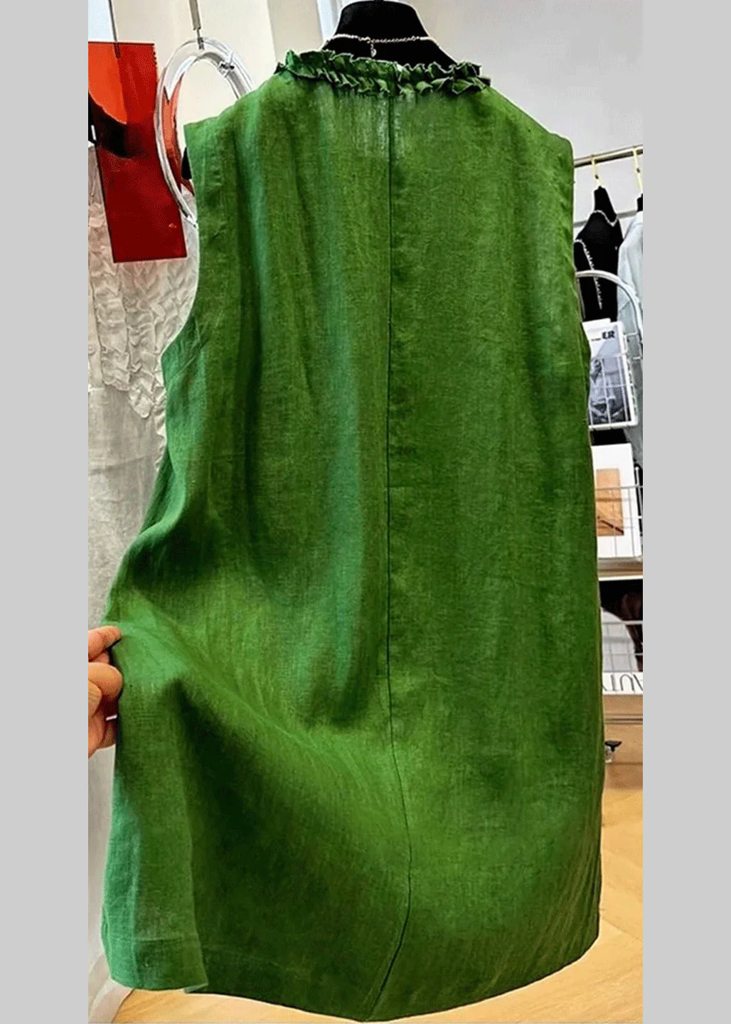 Elegant Green Ruffled Button Solid Cotton Mid Dress Sleeveless - Image 3