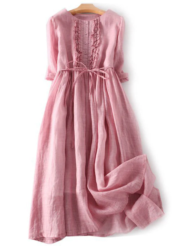 Elegant Green Ruffled Button Tie Waist Cotton Long Dress Half Sleeve - Image 2