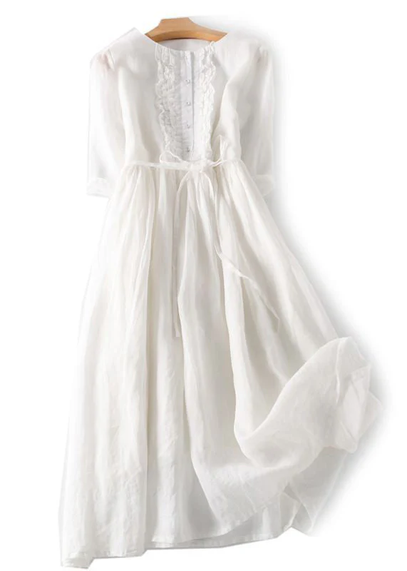 Elegant Green Ruffled Button Tie Waist Cotton Long Dress Half Sleeve - Image 3