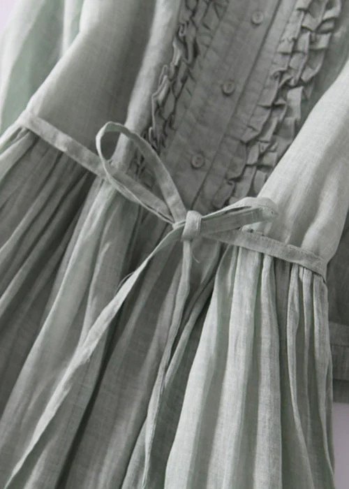 Elegant Green Ruffled Button Tie Waist Cotton Long Dress Half Sleeve - Image 5