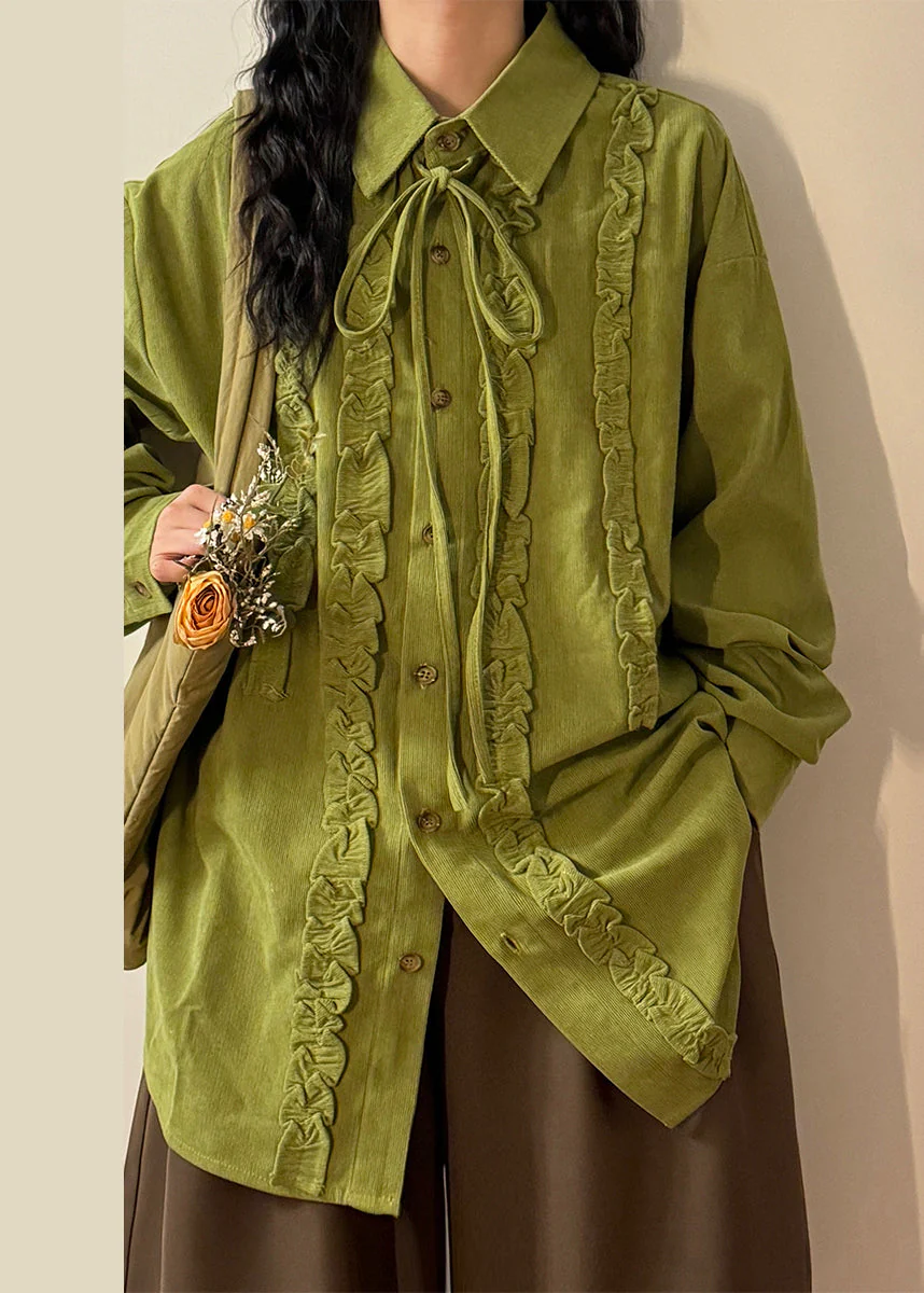 Elegant Green Ruffled Lace Up Cotton Shirt Top Spring - Image 3