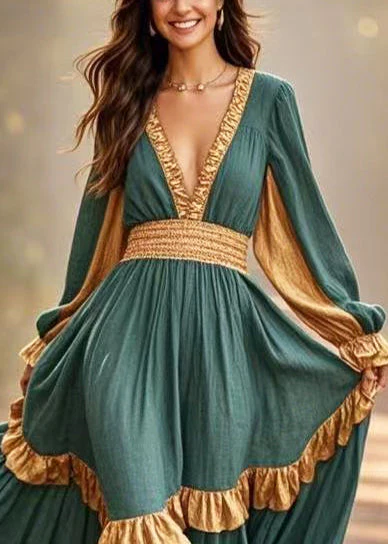 Elegant Green Ruffles Patchwork Exra Large Hem Cotton Party Dress Spring - Image 2
