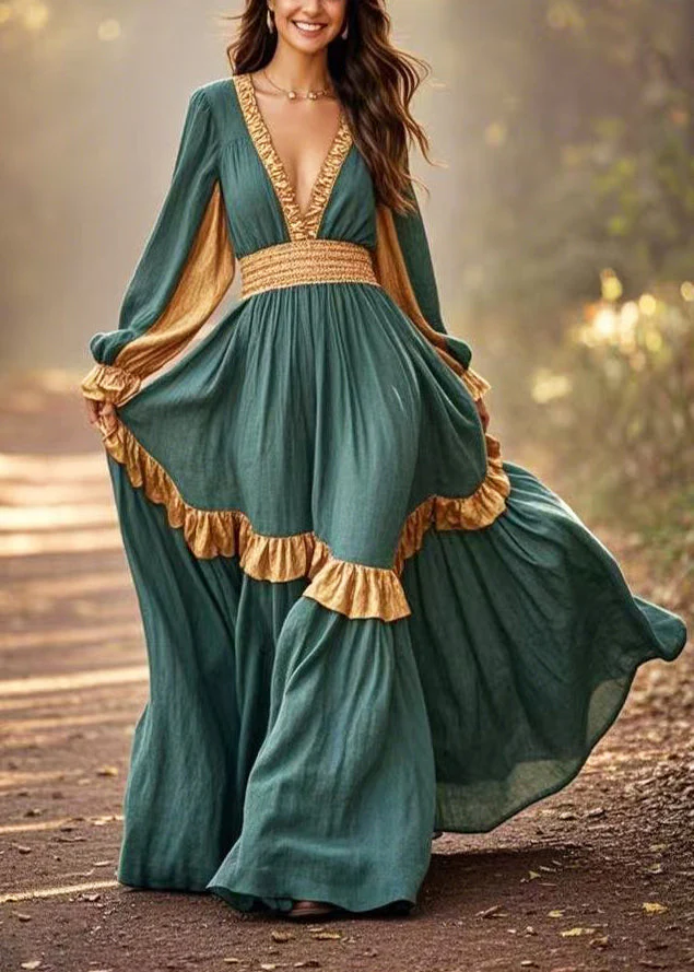 Elegant Green Ruffles Patchwork Exra Large Hem Cotton Party Dress Spring - Image 3