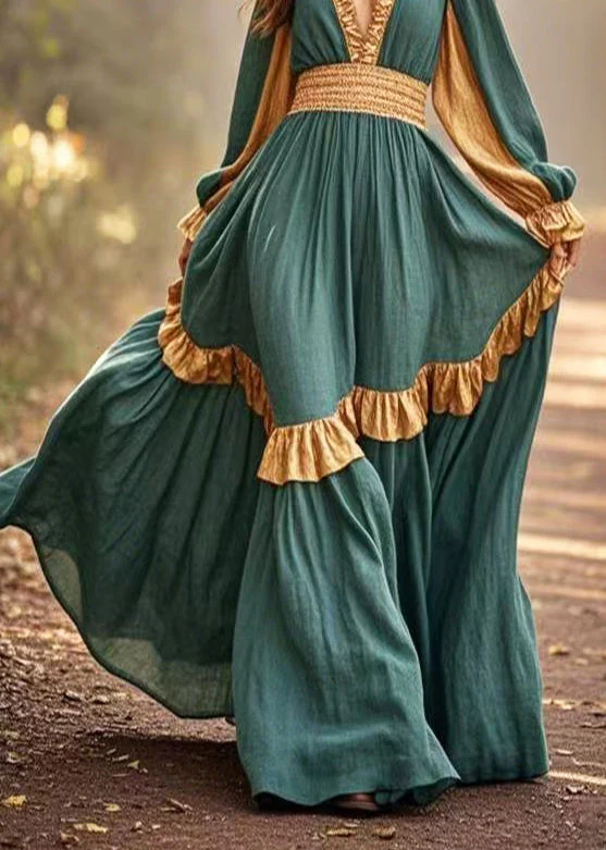 Elegant Green Ruffles Patchwork Exra Large Hem Cotton Party Dress Spring - Image 4