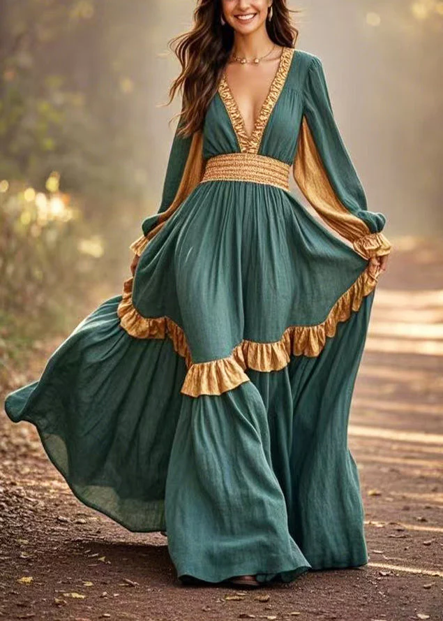 Elegant Green Ruffles Patchwork Exra Large Hem Cotton Party Dress Spring - Image 5