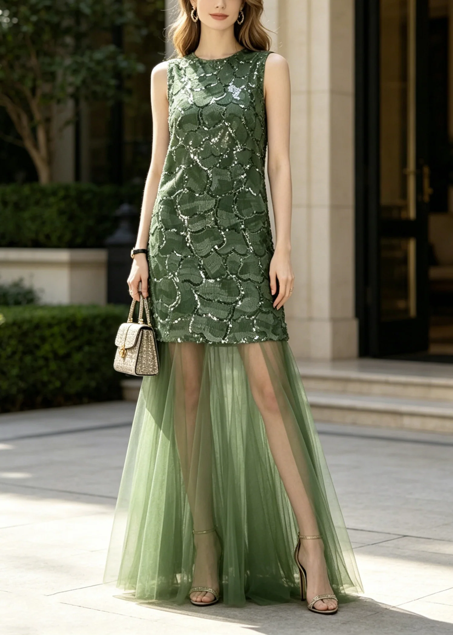 Elegant Green Sequins Patchwork Tulle Maxi Dress Sleeveless - Image 3