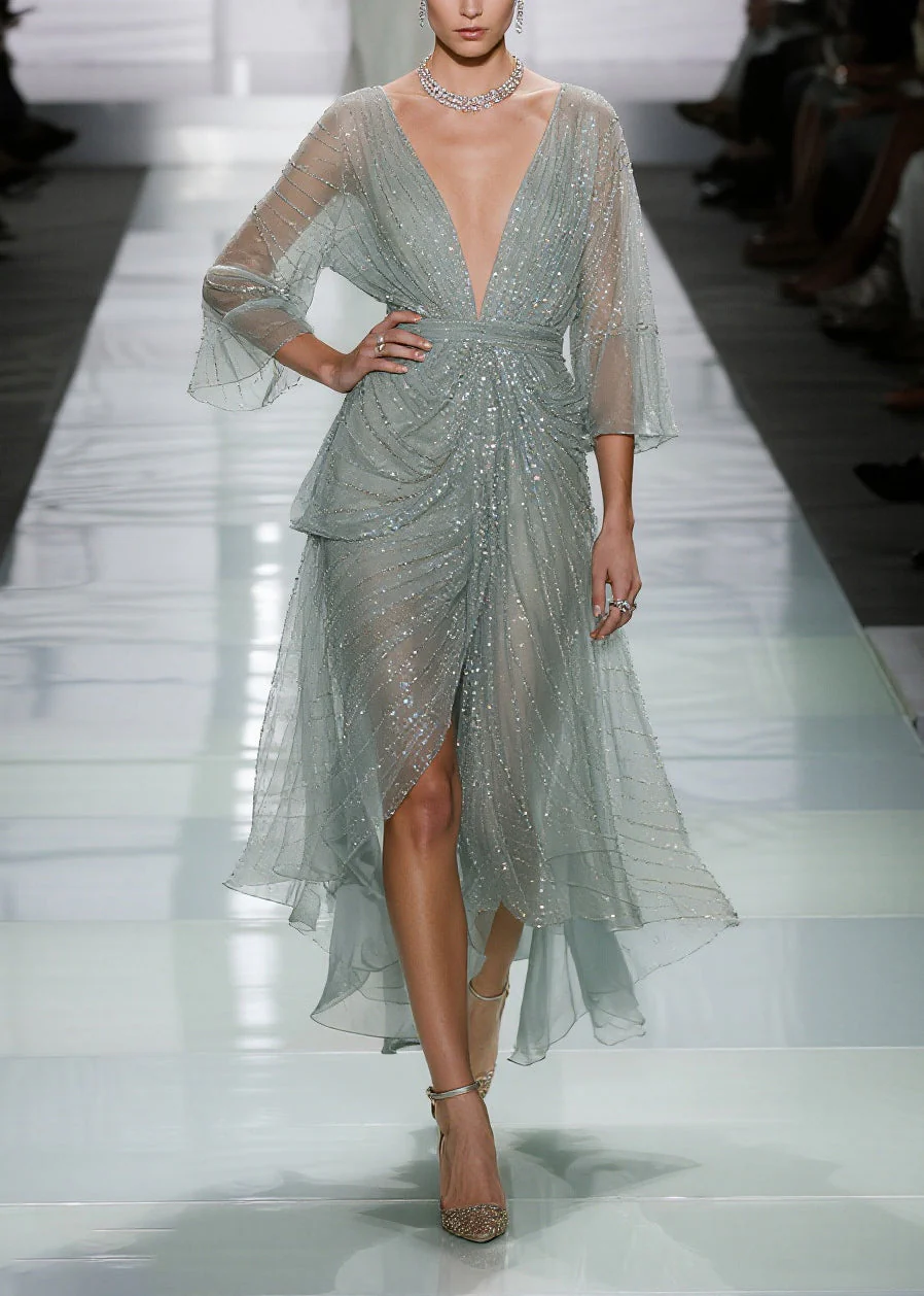 Elegant Green Sequins Side Open Tulle Long Dress Summer - Image 3