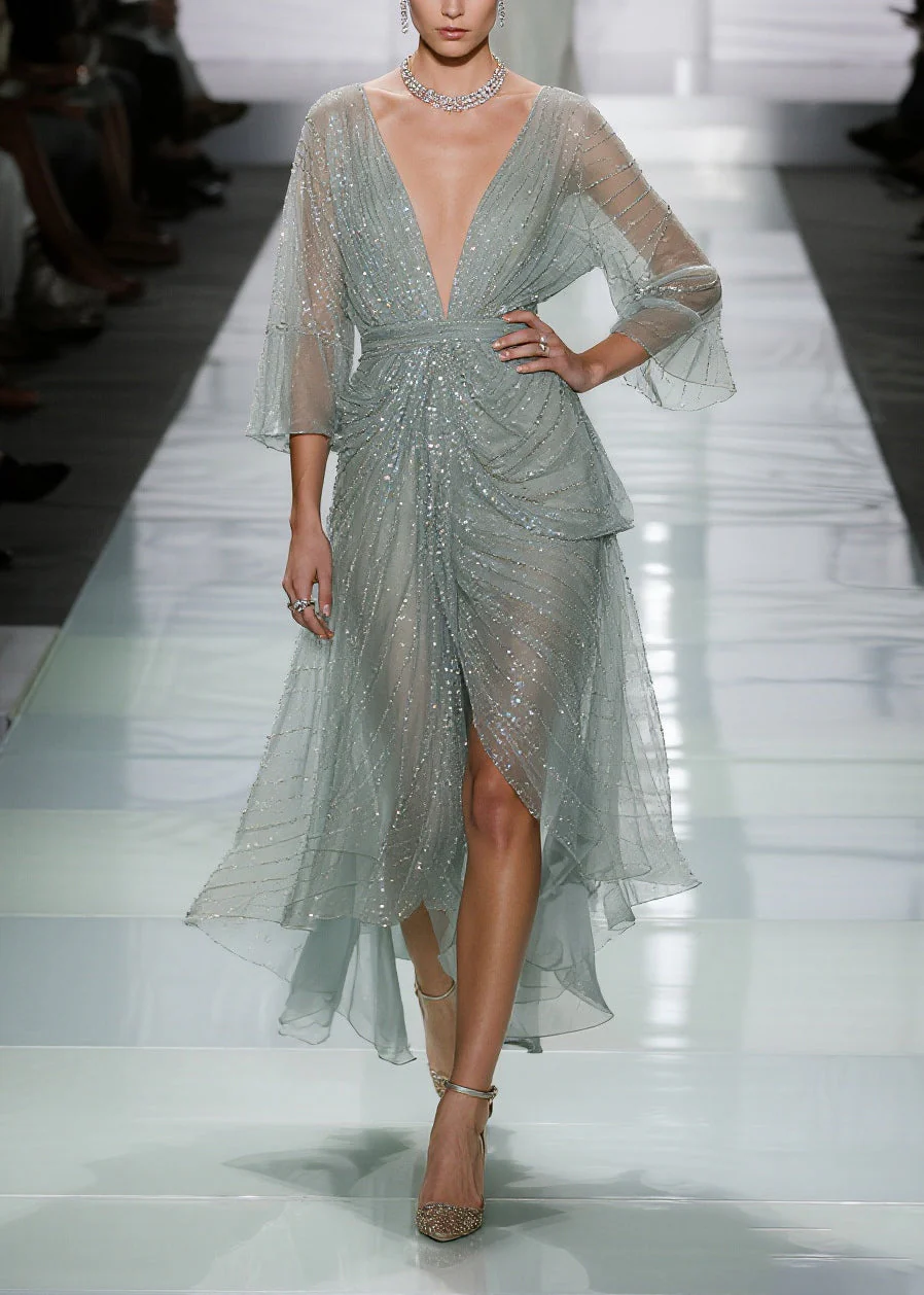 Elegant Green Sequins Side Open Tulle Long Dress Summer - Image 5