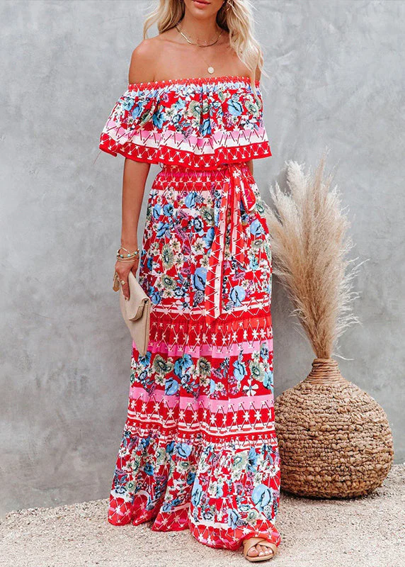 Elegant Green Slash Neck Print Cotton Long Dresses Summer - Image 2