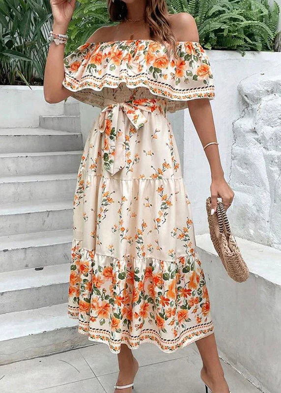 Elegant Green Slash Neck Print Cotton Long Dresses Summer - Image 3
