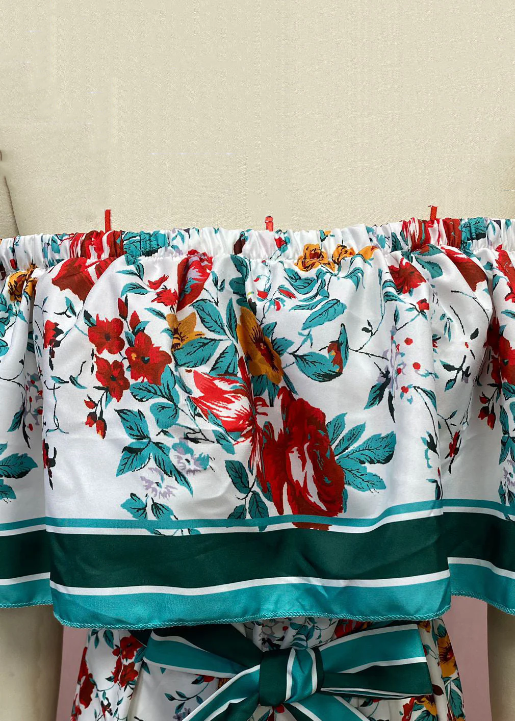 Elegant Green Slash Neck Print Cotton Long Dresses Summer - Image 4
