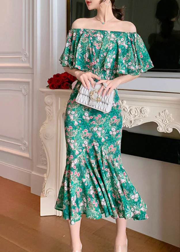 Elegant Green Slash Neck Print Long Fishtail Dress Short Sleeve - Image 2