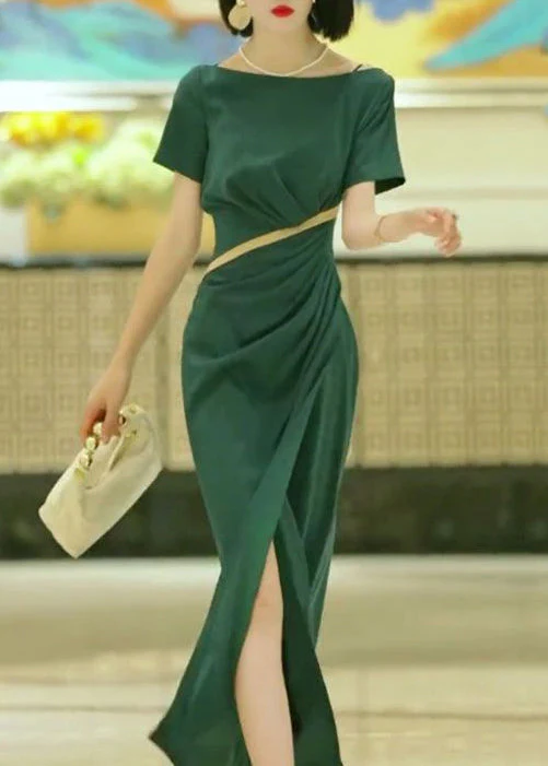 Elegant Green Slash Neck Slim Fit Cotton Dress Summer - Image 2
