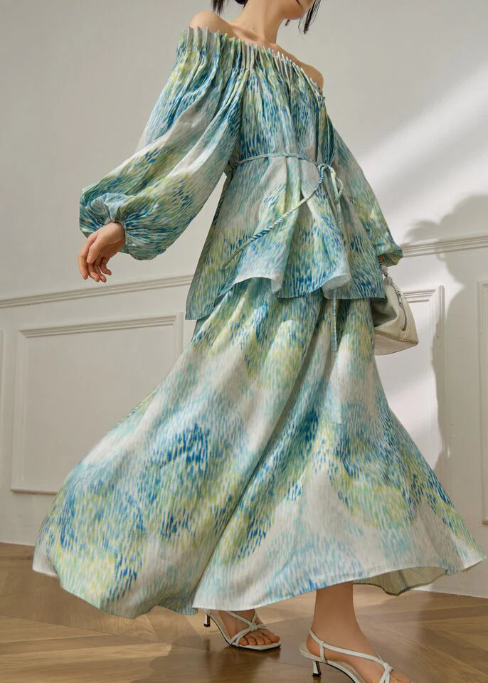 Elegant Green Slash Neck Tie Waist Top And Maxi Skirts Spring - Image 3