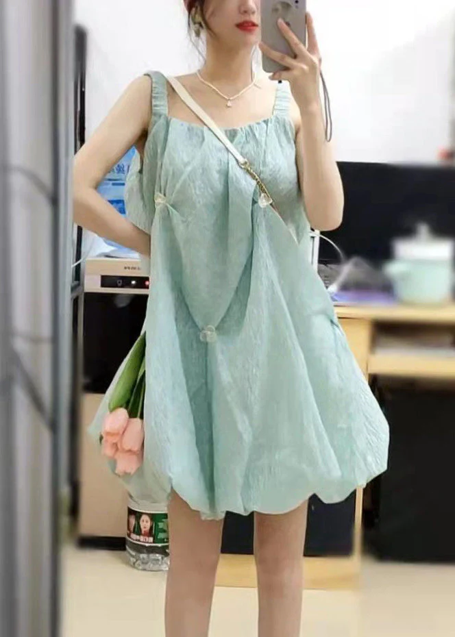 Elegant Green Square Collar Original Design Cotton Spaghetti Strap Dress Sleeveless - Image 2