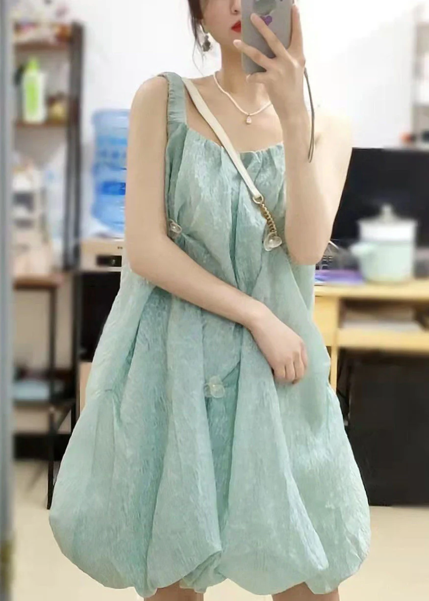 Elegant Green Square Collar Original Design Cotton Spaghetti Strap Dress Sleeveless - Image 3